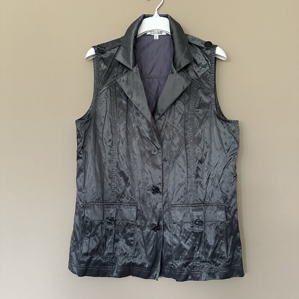 TravelSmith Pocket Vest Tunic Utility Women XL Gray Button Zip Pockets Silver
